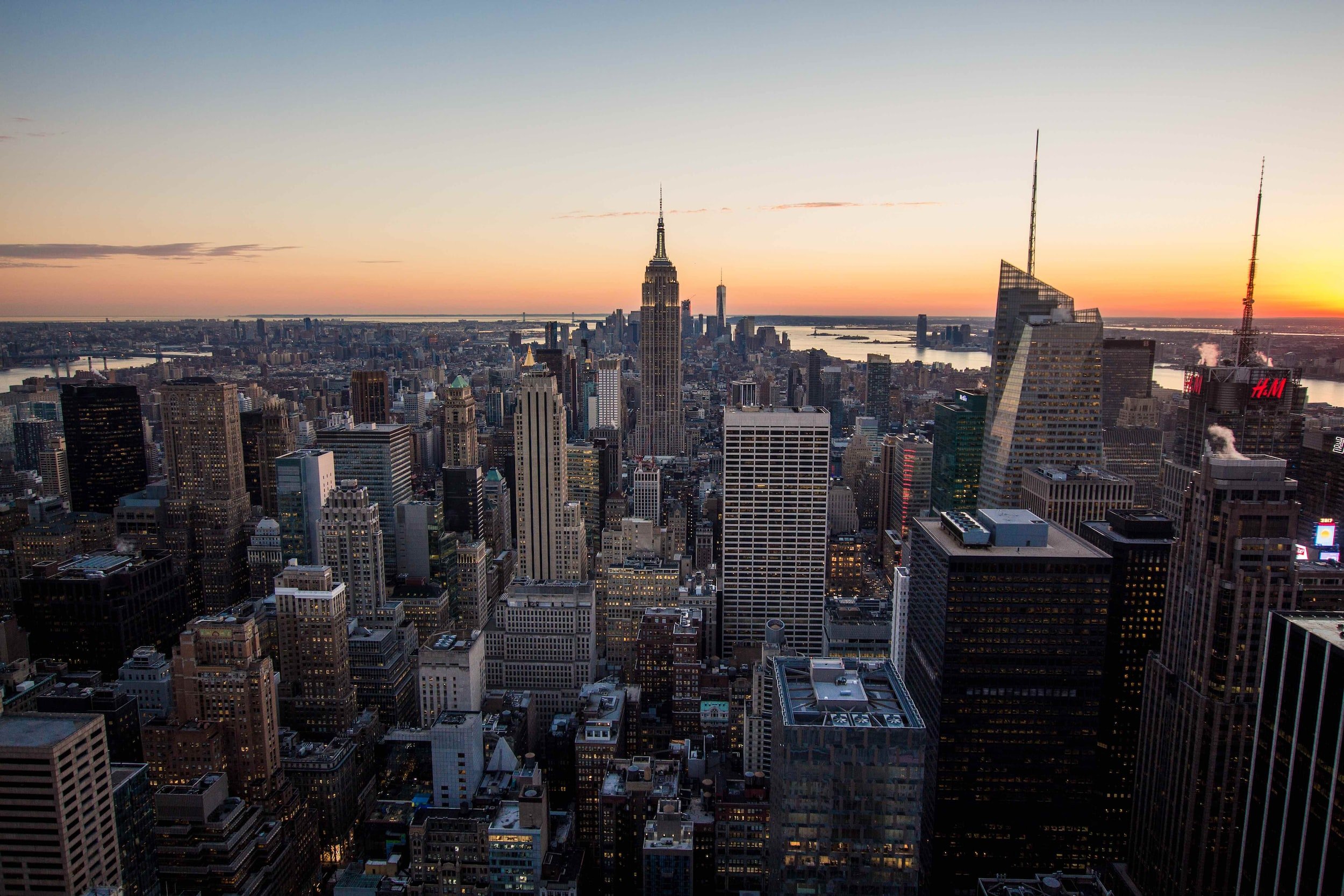 New York City skyline at sunset